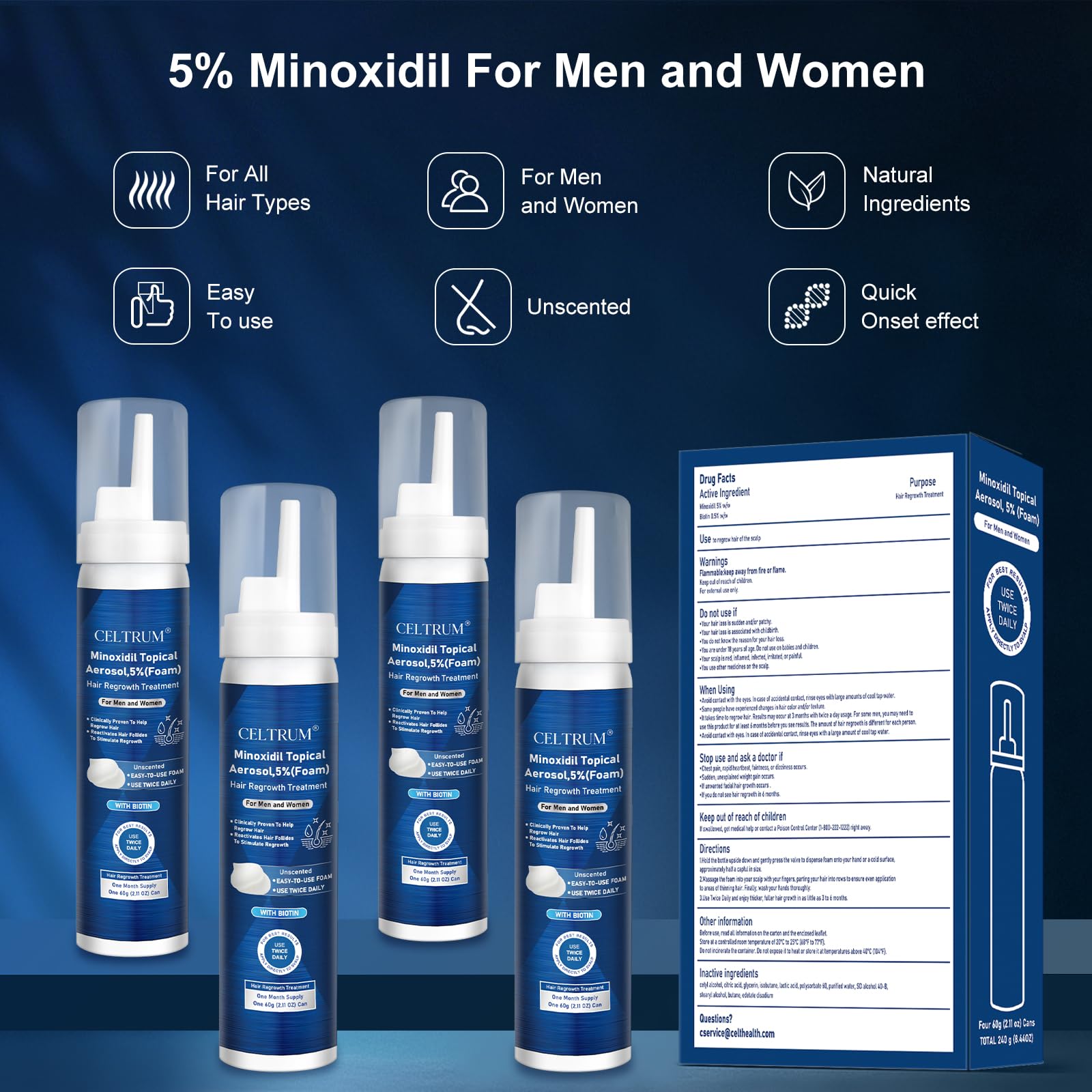 Celtrum Minoxidil Foam unscented formula for comfortable daily use.