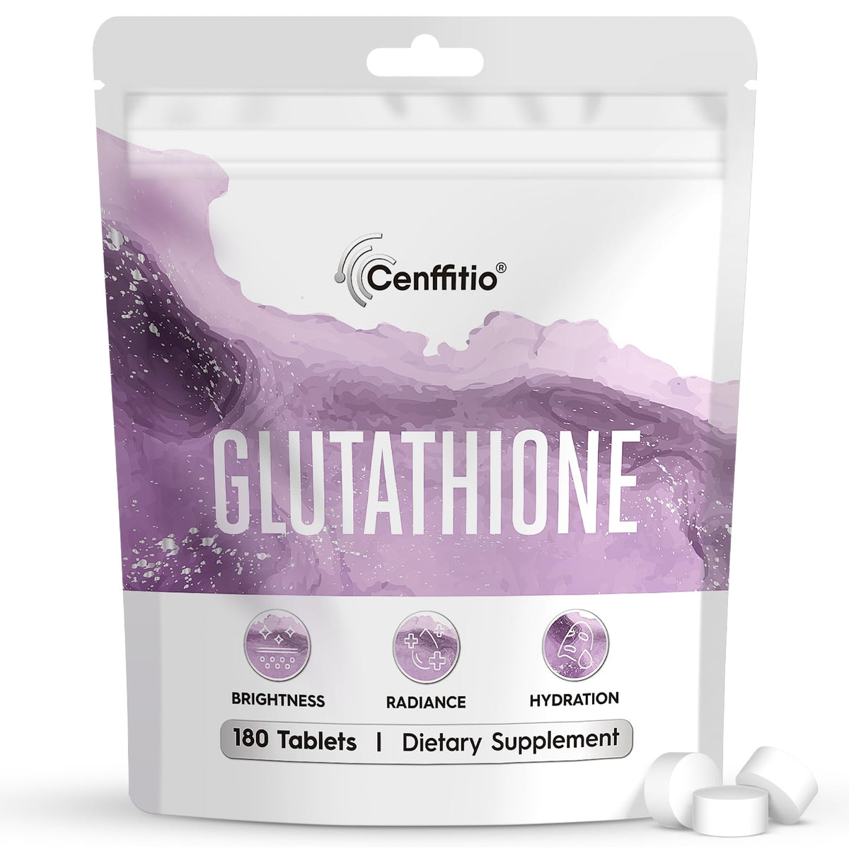 Cenffitio Glutathione bottle promoting radiant skin and daily hydration.