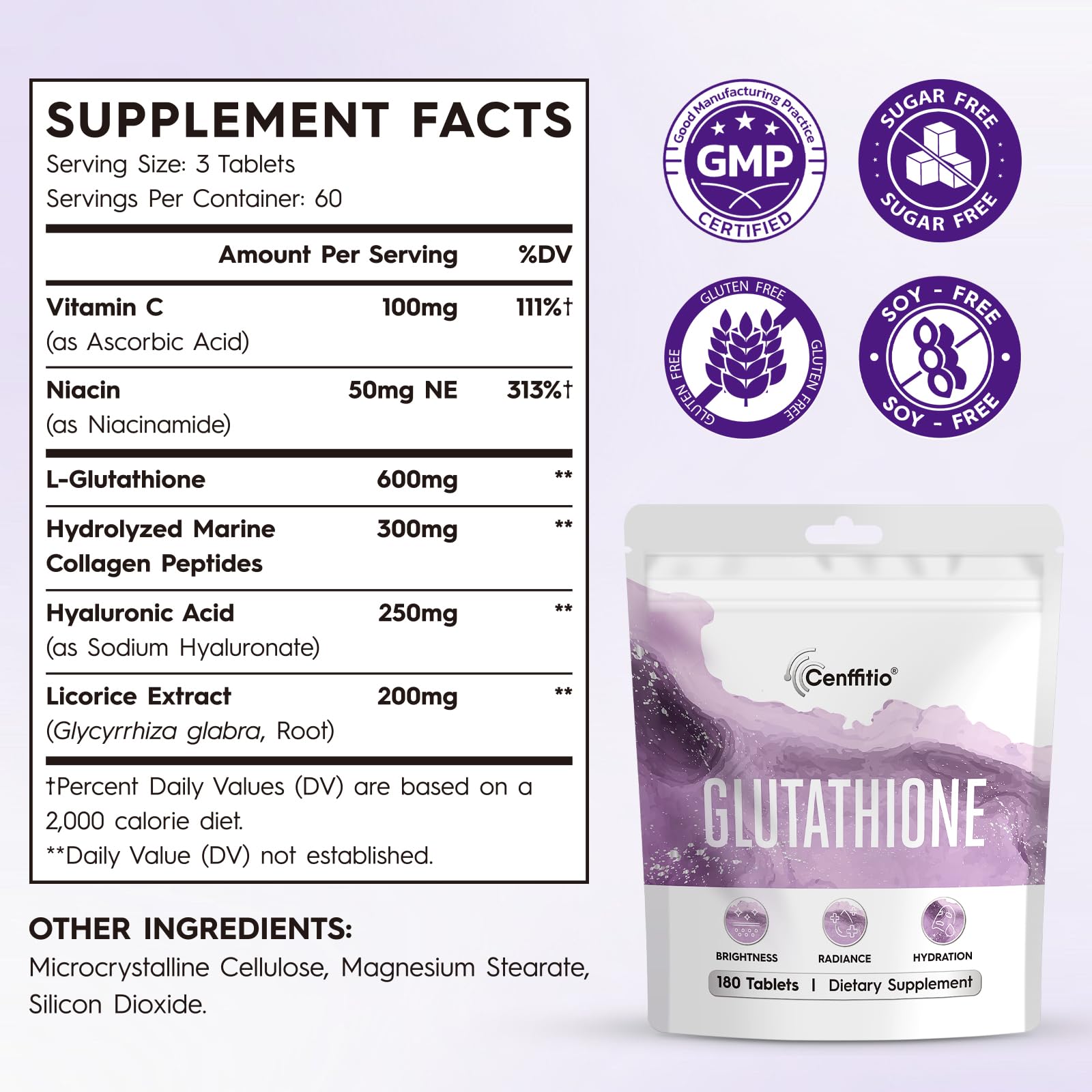 Close-up of Cenffitio glutathione tablets for simple daily use.