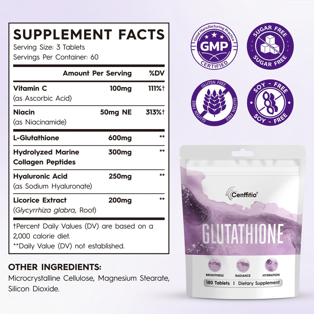 Close-up of Cenffitio glutathione tablets for simple daily use.