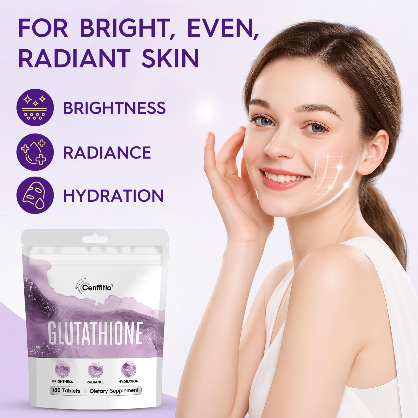 Skin glow closeup illustrating potential radiant finish from Cenffitio formula.