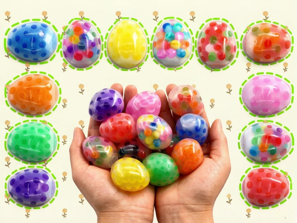 Cenmeytoy Easter stress ball with soft textured TPR outer layer for squeezing.