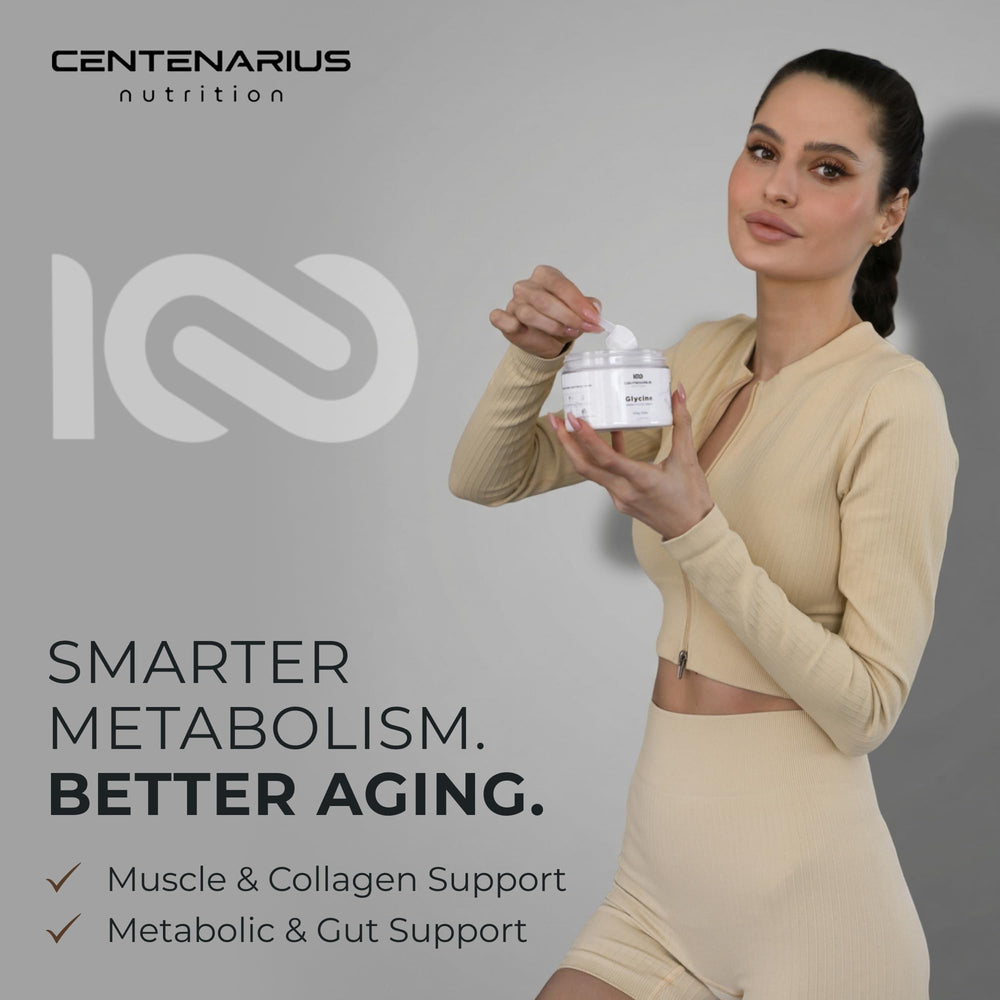 Centenarius glycine powder packaging highlights third-party testing