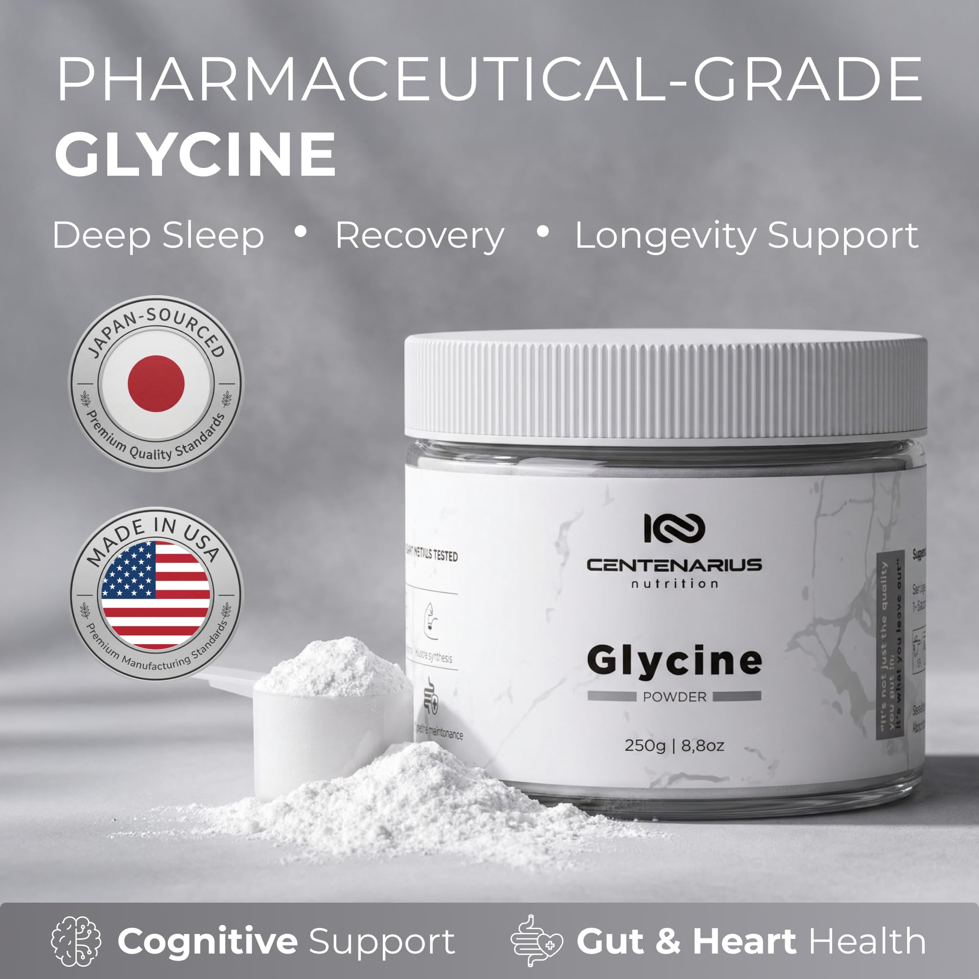 Centenarius glycine label close-up showing vegan and additive-free claims