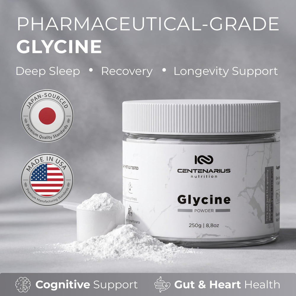 Centenarius glycine label close-up showing vegan and additive-free claims