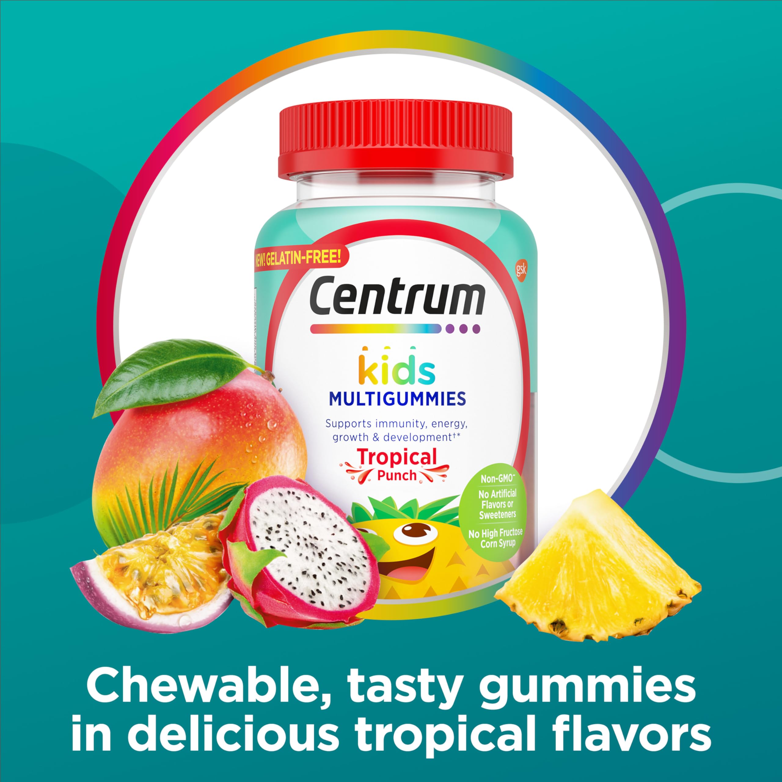 Centrum Kids Multivitamin Gummies passion fruit flavor on bright background for growth support