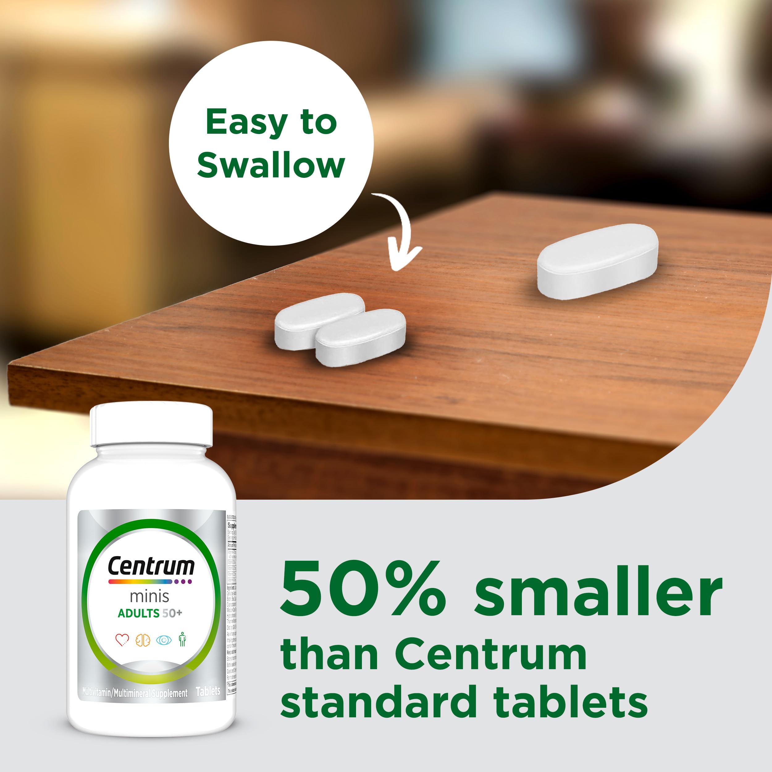 Centrum Minis Silver bottle with Non-GMO icon signaling trusted ingredients and quality.
