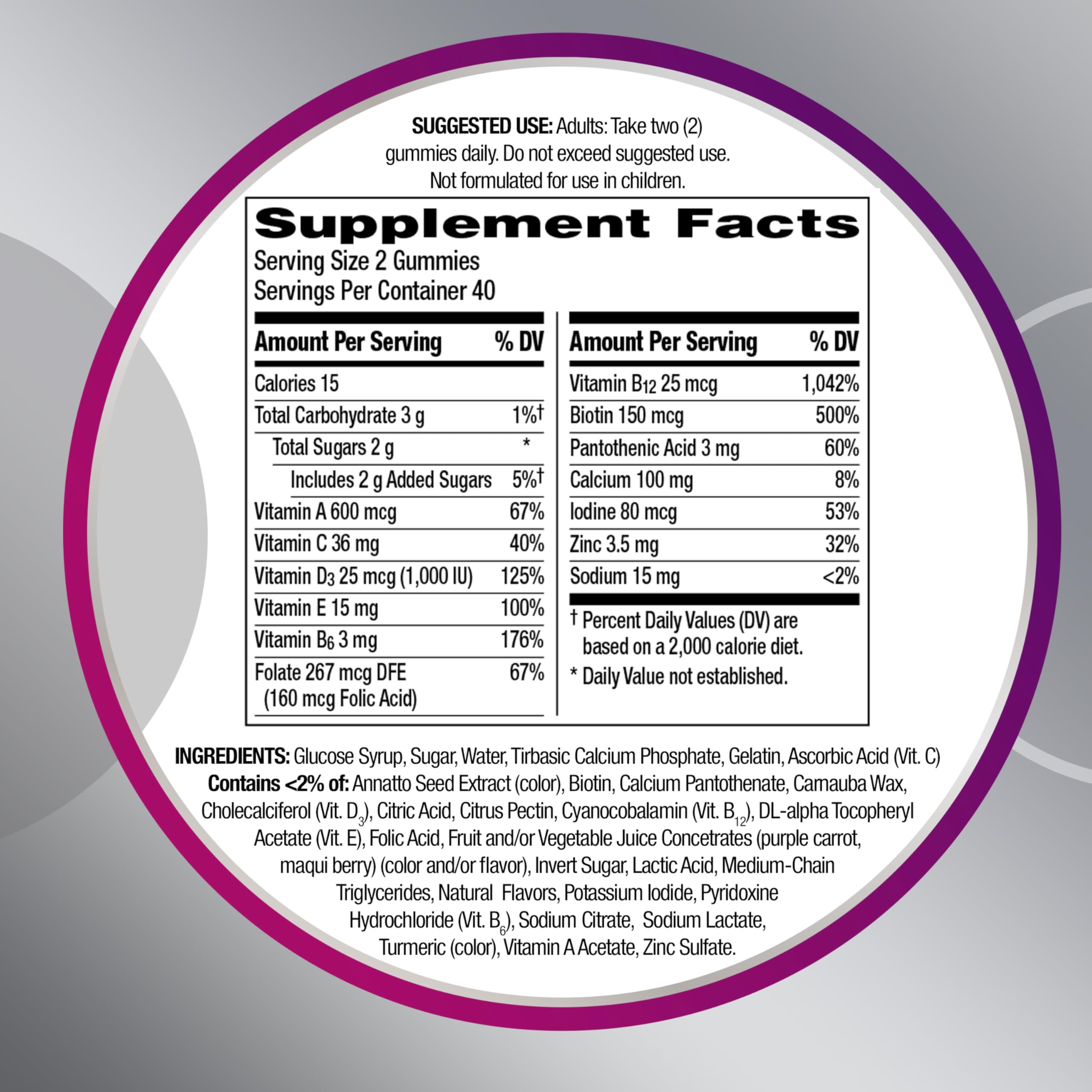 Centrum MultiGummies bottle nutrition label visible for complete ingredients.