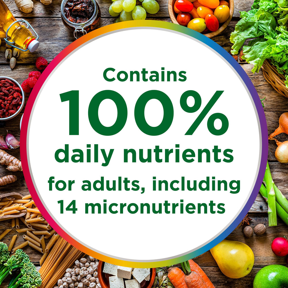 Centrum MultiGummies bottle with glass—convenient daily supplement ritual.