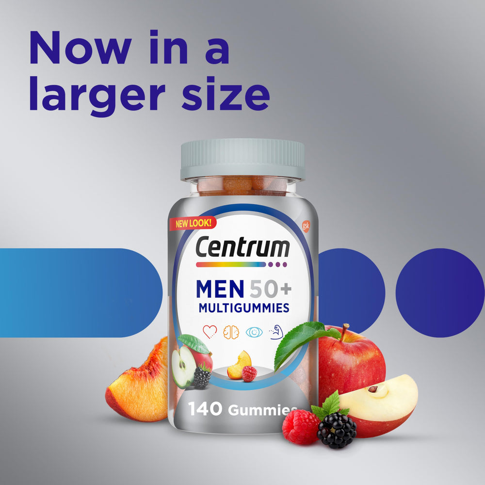 Centrum MultiGummies 140-count bottle on kitchen counter for daily routine.