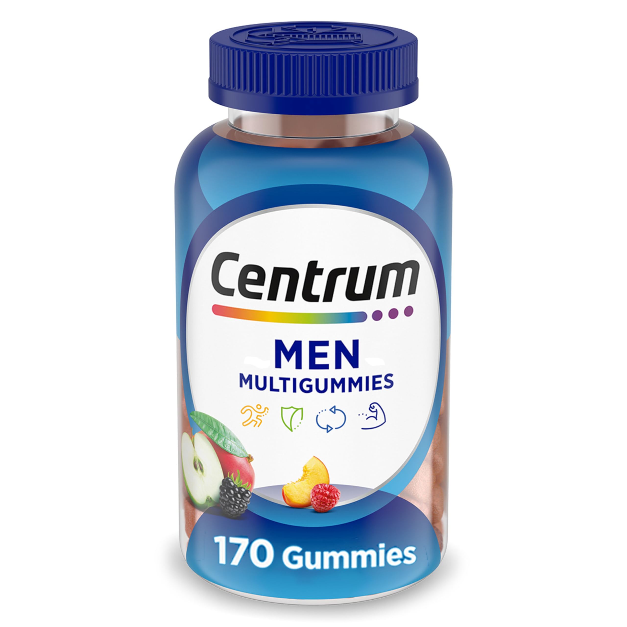 Centrum MultiGummies for Men bottle with assorted fruit flavors for daily energy.