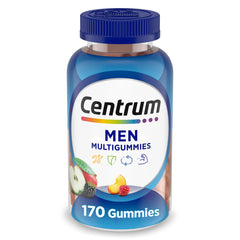 Centrum MultiGummies for Men bottle with assorted fruit flavors for daily energy.