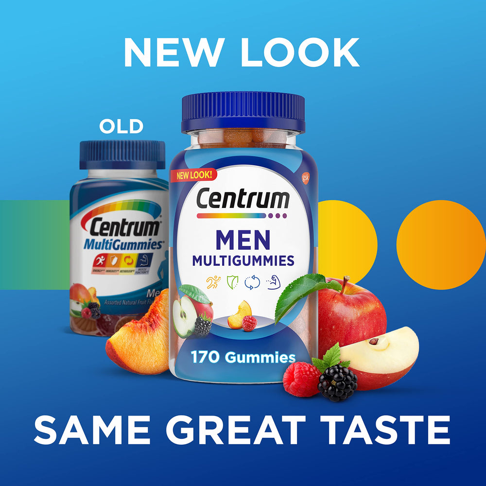 Nutrition label on Centrum MultiGummies for Men bottle shows key vitamins and minerals.