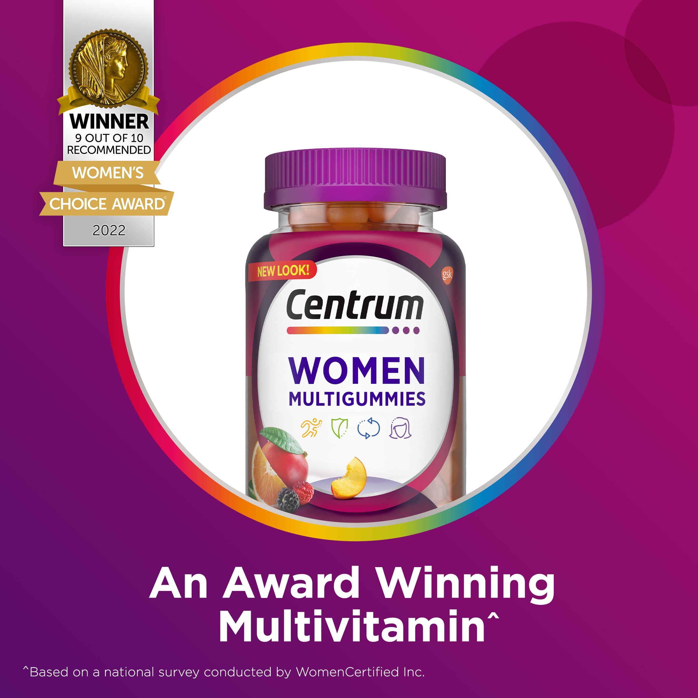 Assorted fruit flavors of Centrum MultiGummies Women provide tasty daily nutrition.