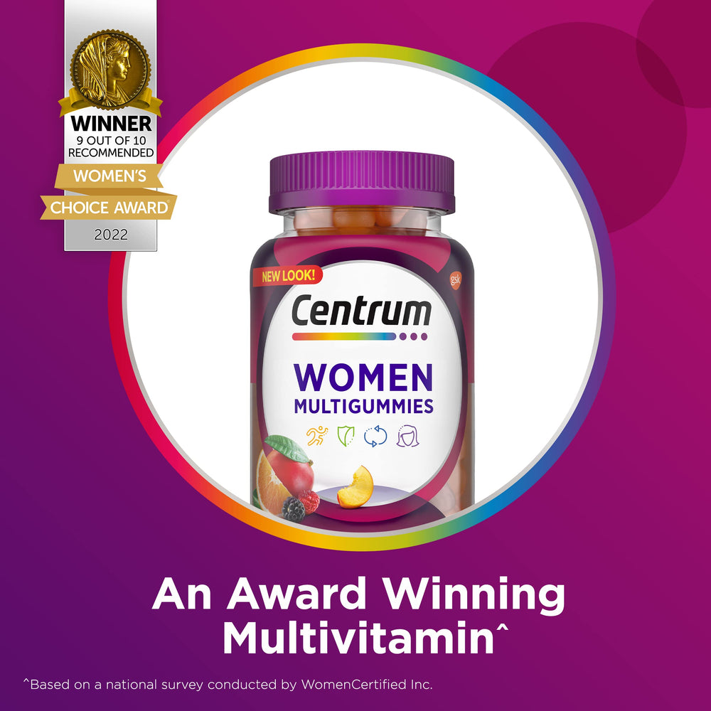 Assorted fruit flavors of Centrum MultiGummies Women provide tasty daily nutrition.