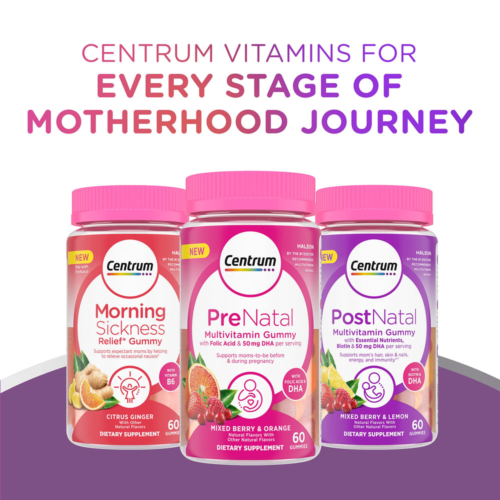 60-count bottle of Centrum Prenatal gummies.