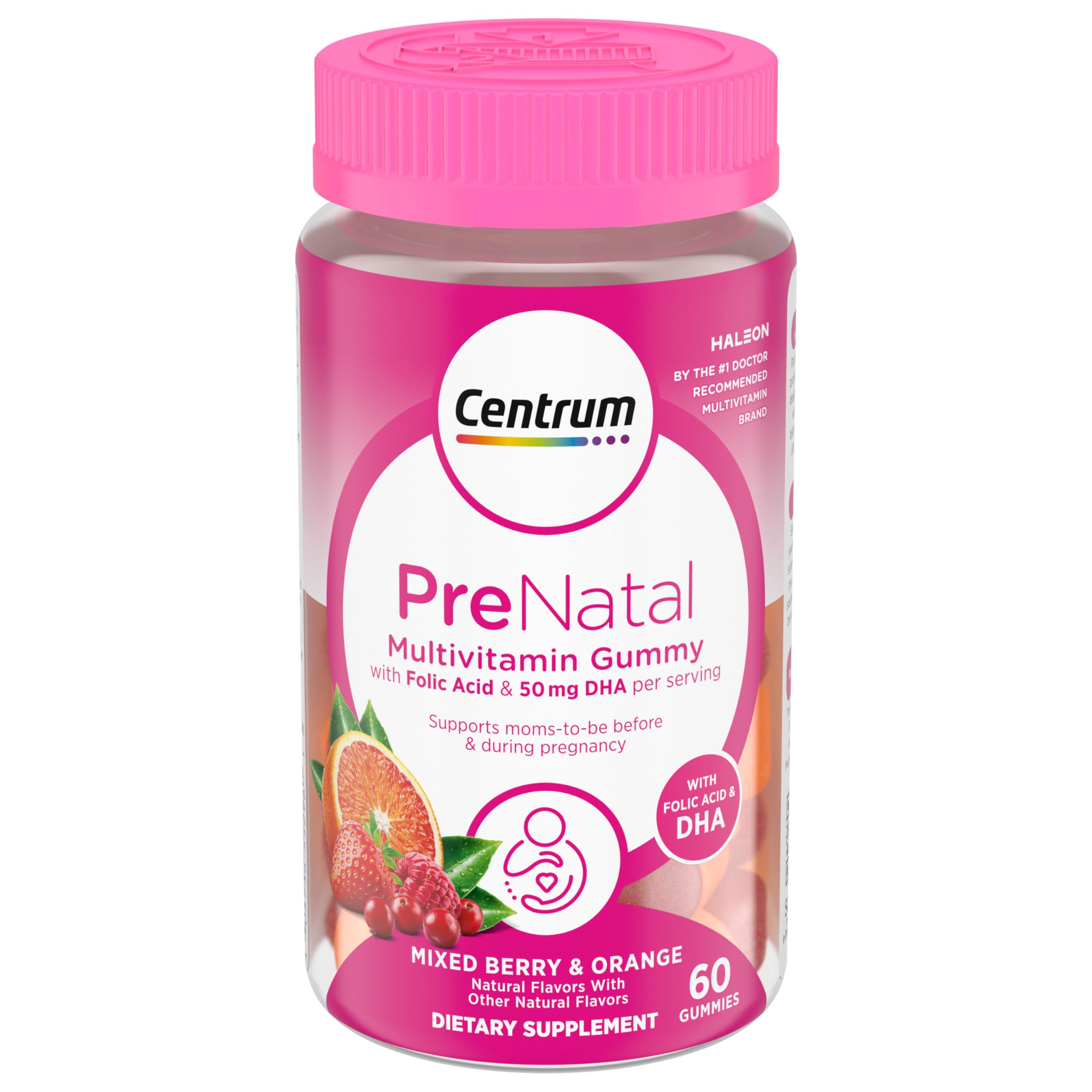 Centrum Prenatal bottle with mixed berry flavor supports daily prenatal nutrition.