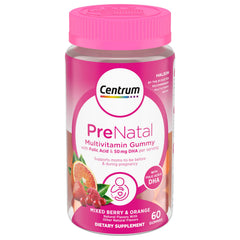 Centrum Prenatal bottle with mixed berry flavor supports daily prenatal nutrition.