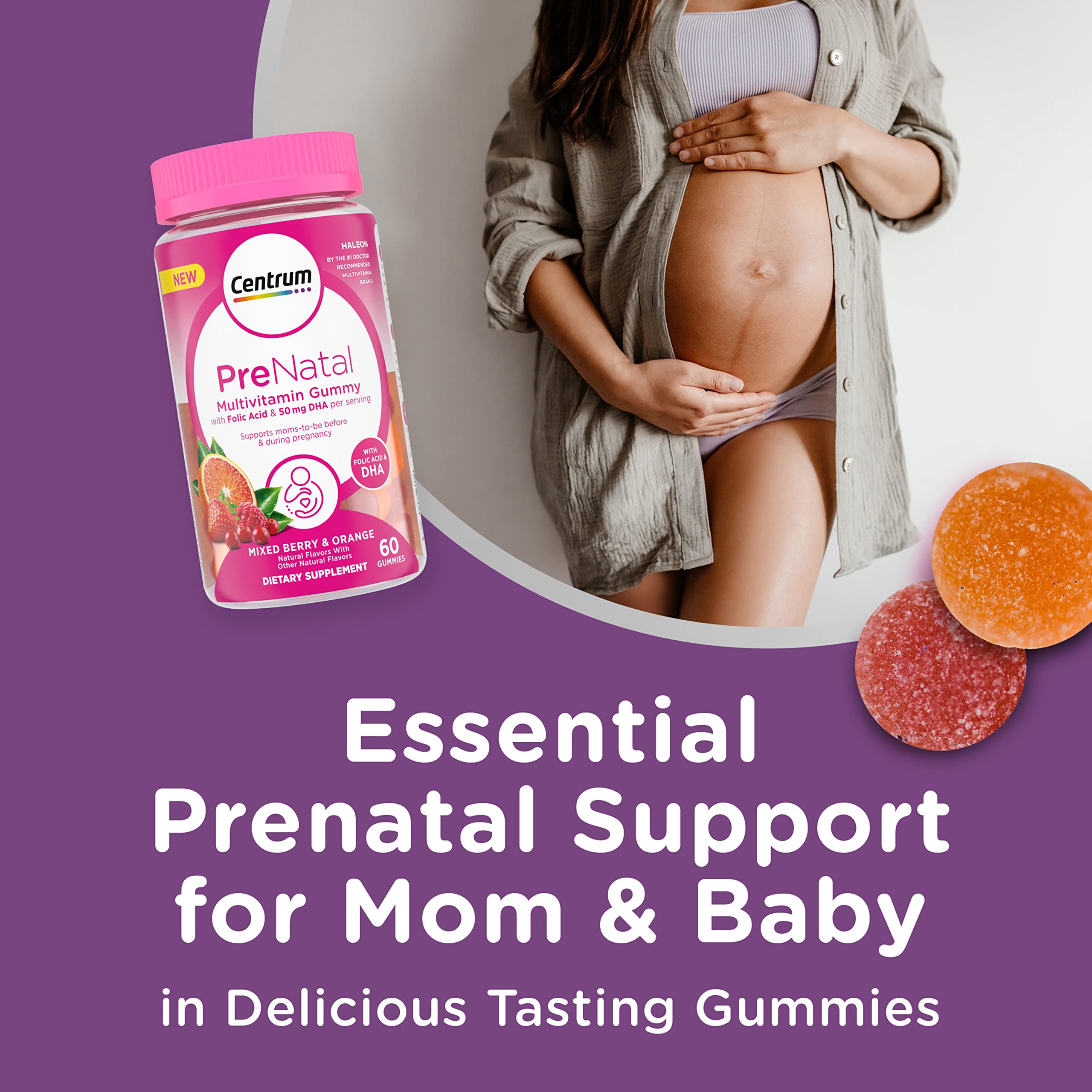 Centrum Prenatal bottle with orange flavor for easy daily chew.