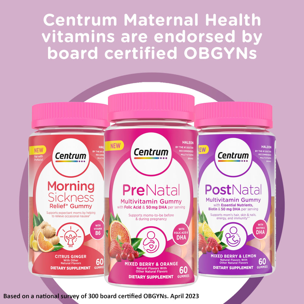Gummies poured from bottle for on-the-go prenatal support.