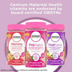 Gummies poured from bottle for on-the-go prenatal support.