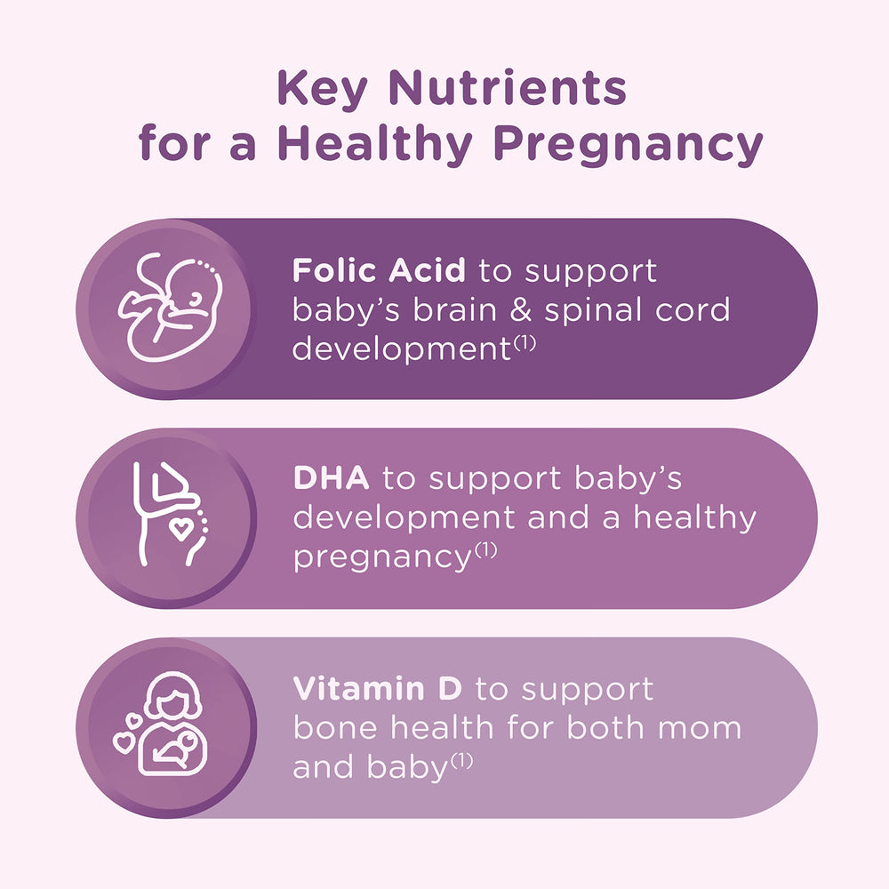 Close-up of Centrum Prenatal gummies showing DHA and folic acid ingredients.