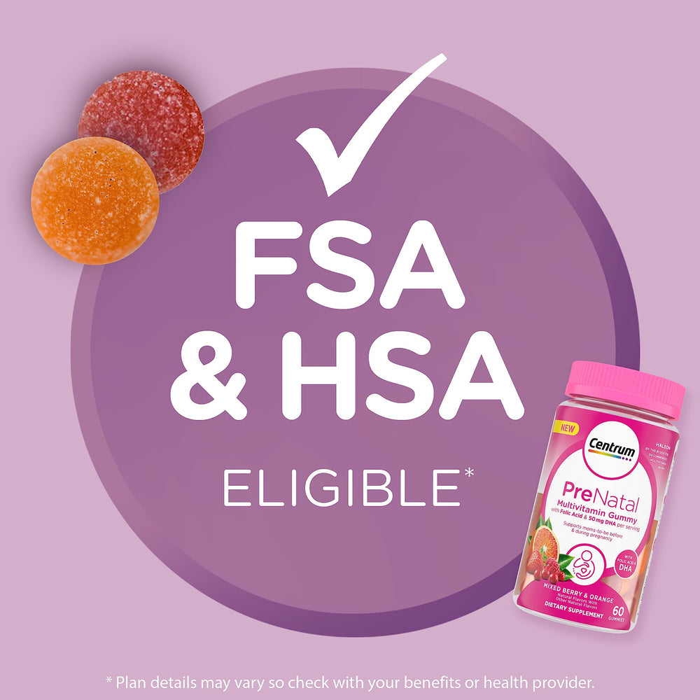 HSA/FSA eligible Centrum Prenatal packaging label.