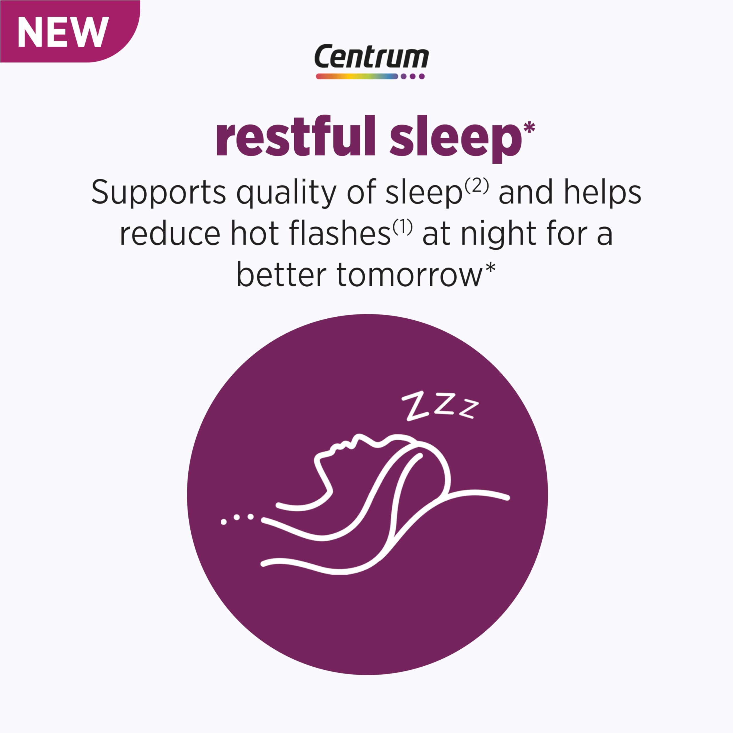 Centrum Restful Sleep bottle cap close-up showing easy-to-take tablets.