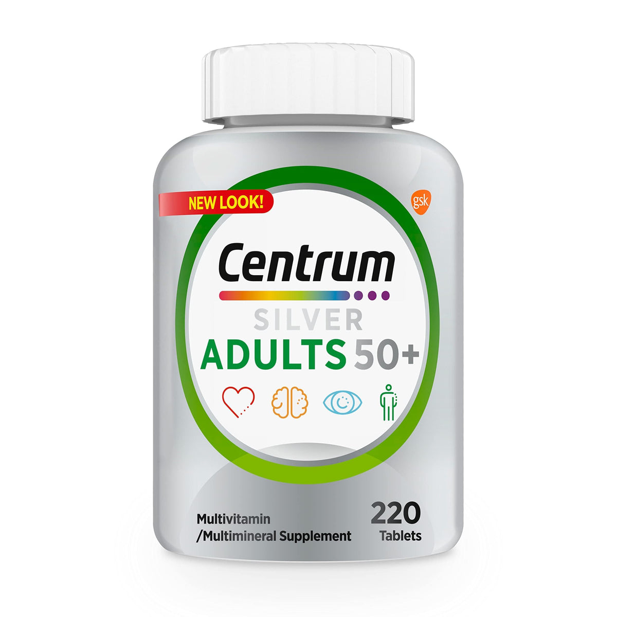 Centrum Silver bottle front view highlights a complete senior health supplement.
