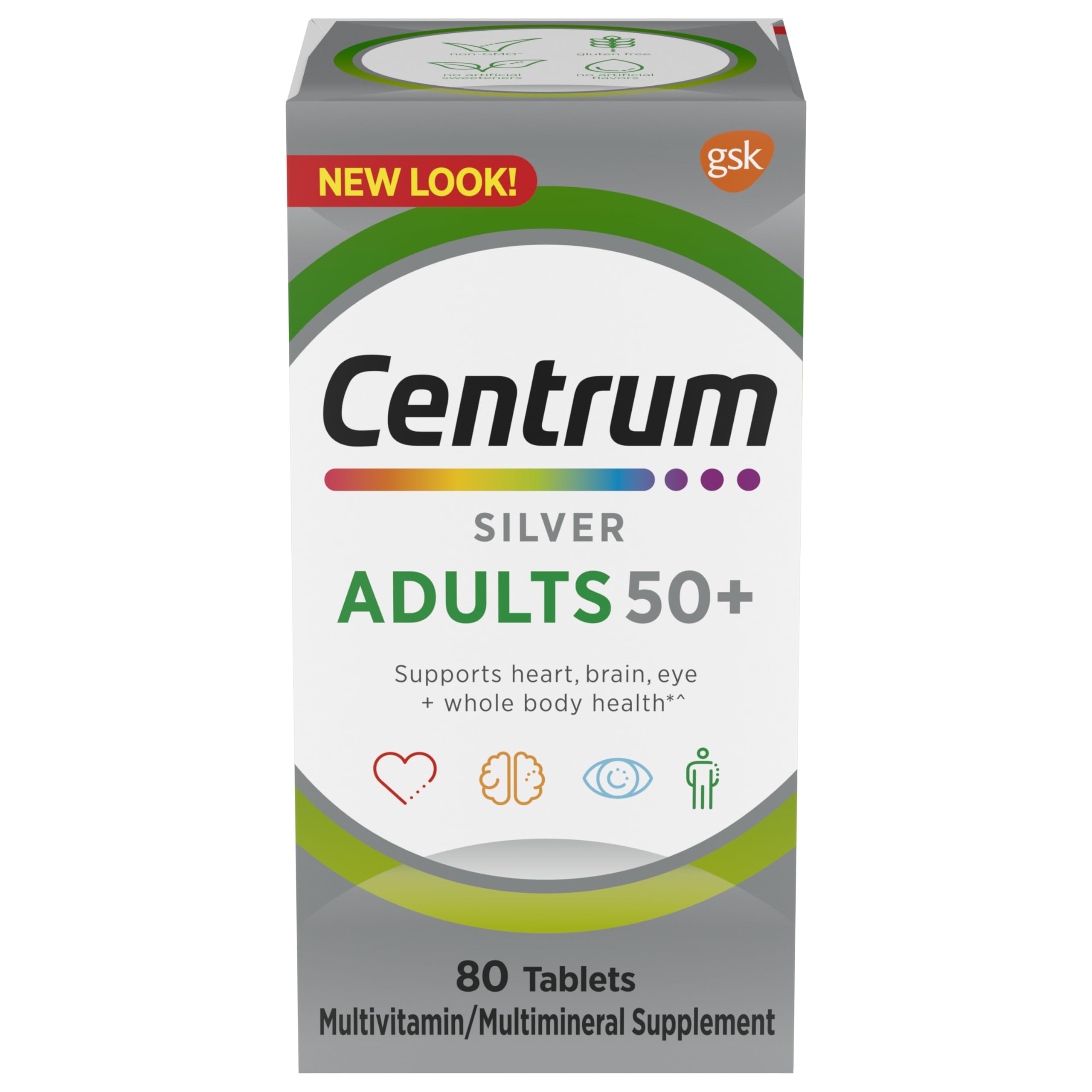 Centrum Silver bottle front shows 80-count supply for daily wellness support.