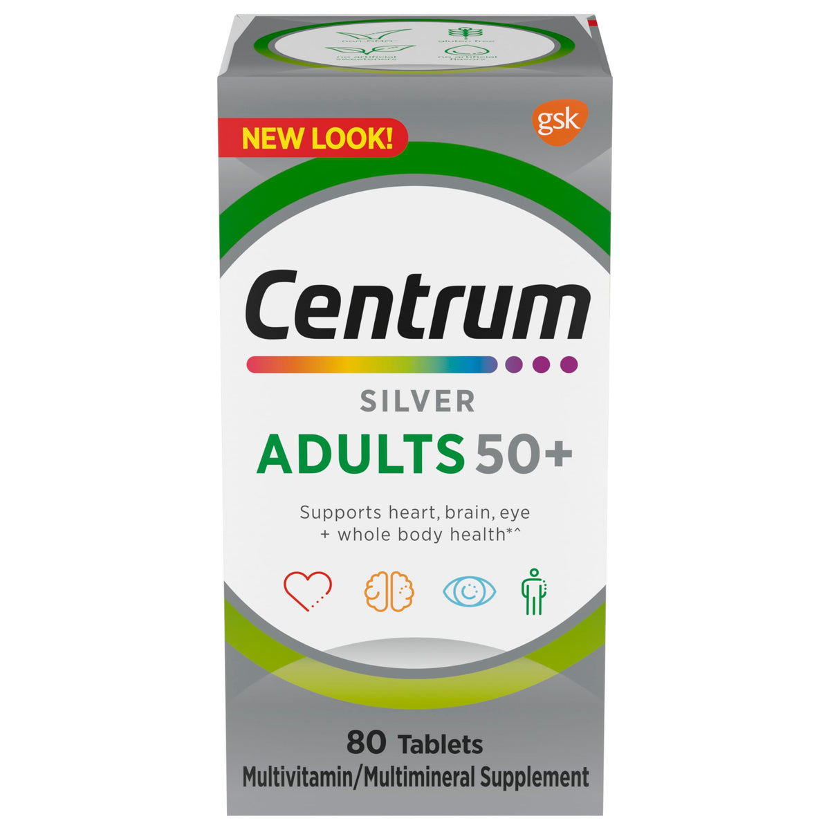Centrum Silver bottle front shows 80-count supply for daily wellness support.