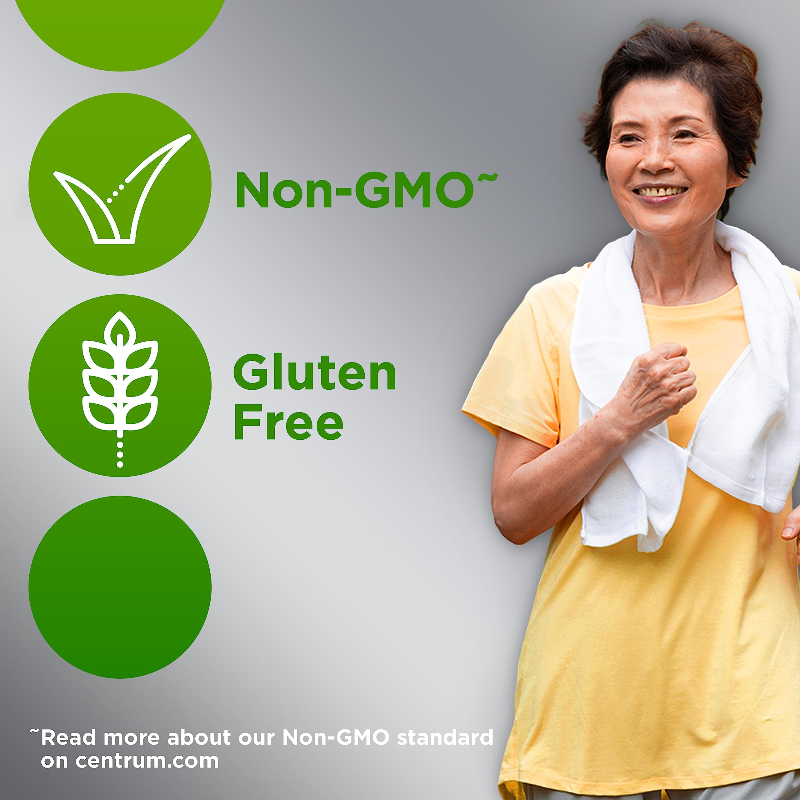 Non-GMO Centrum Silver bottle for clean ingredient choices.