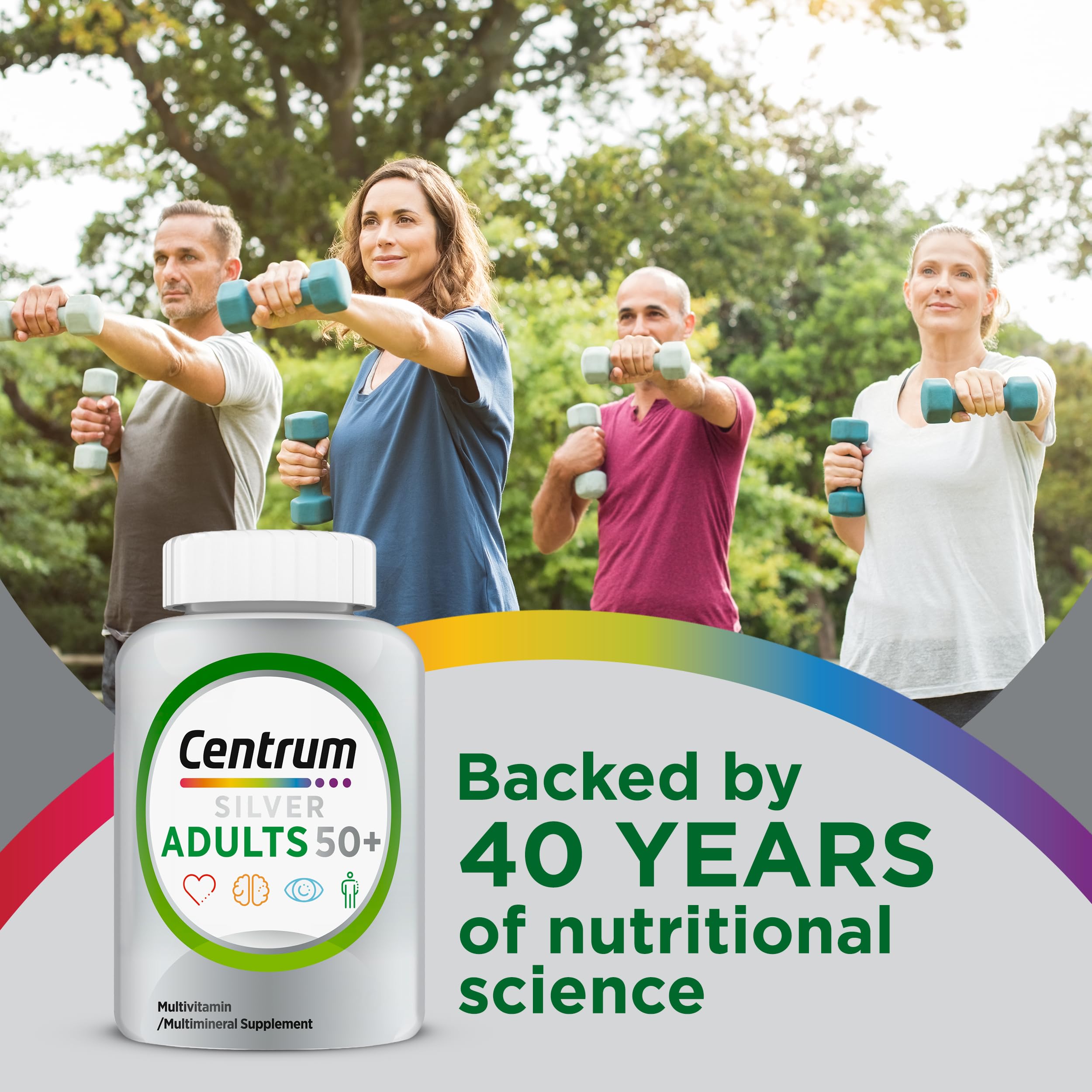 Centrum Silver bottle side view highlights bone and immune support nutrients.