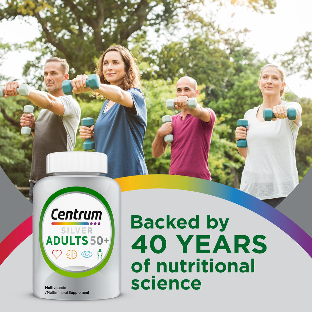 Centrum Silver bottle side view highlights bone and immune support nutrients.