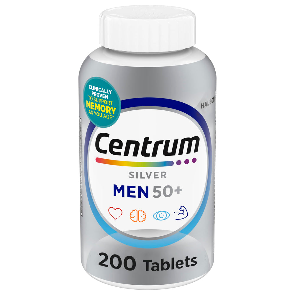 Centrum Silver Men 50+ bottle front shows easy-to-swallow coating.