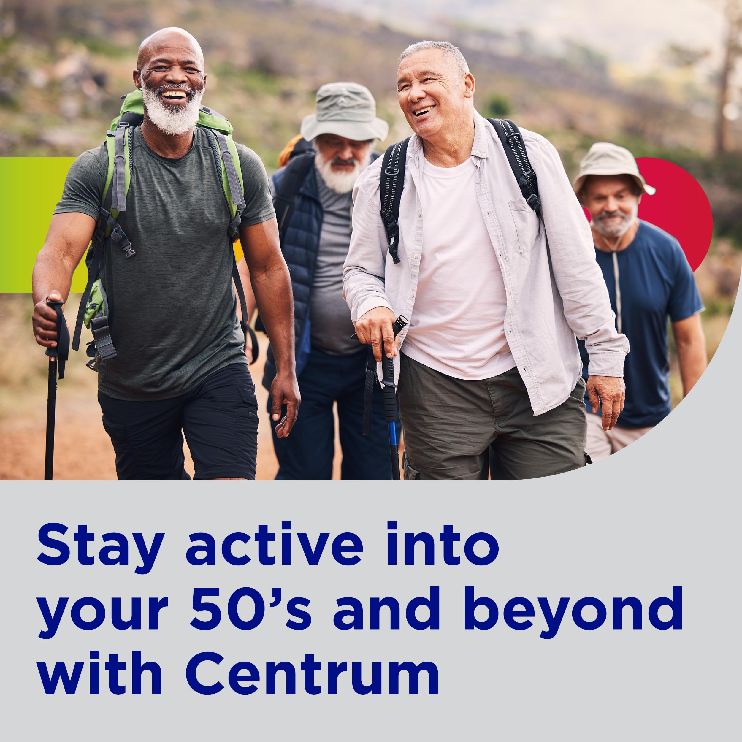 Centrum Silver Men 50+ bottle with glass conveys everyday use.