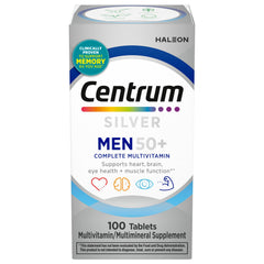 Centrum Silver Men 50+ bottle closeup for daily wellness with essential nutrients