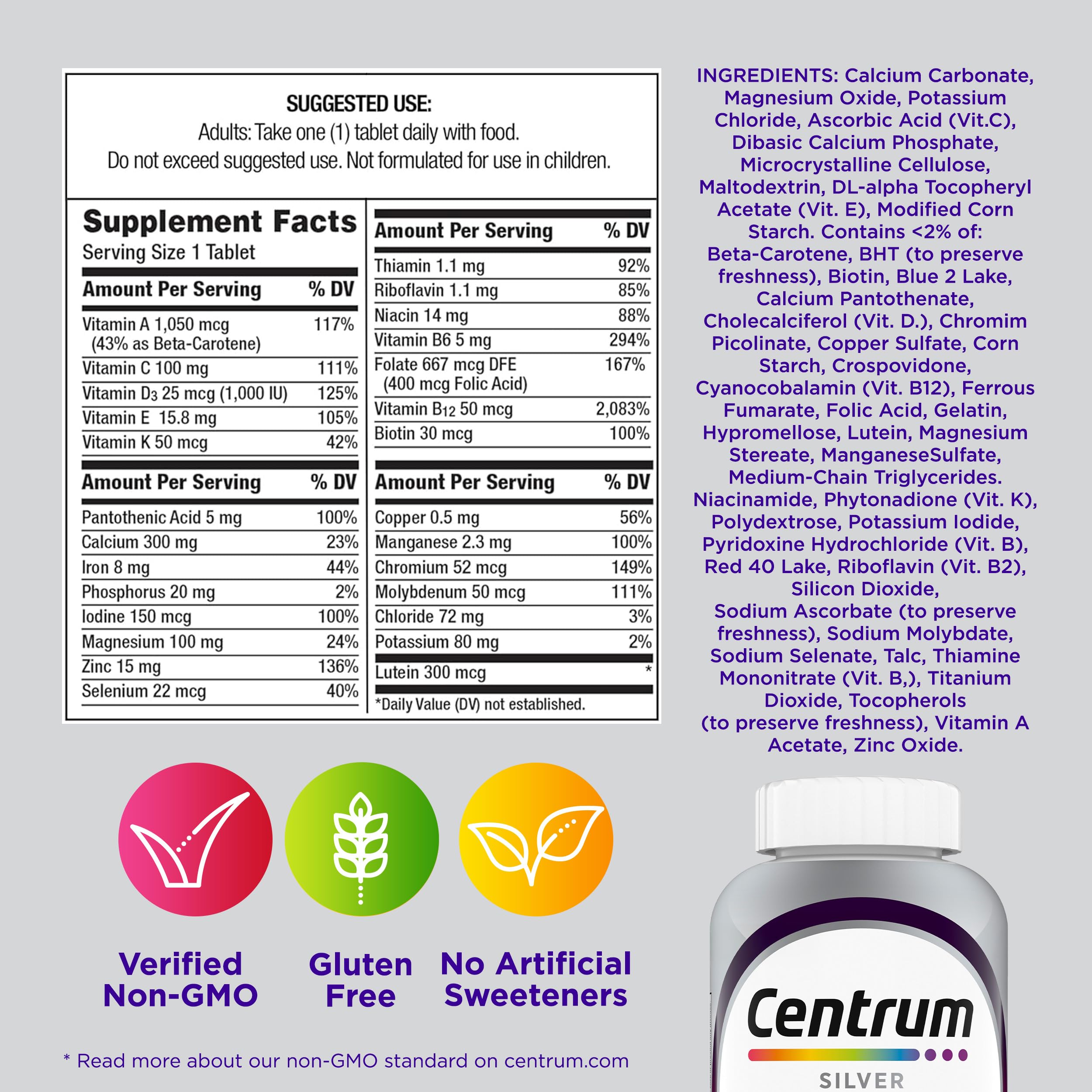 Centrum Silver Women 65-count package layout.