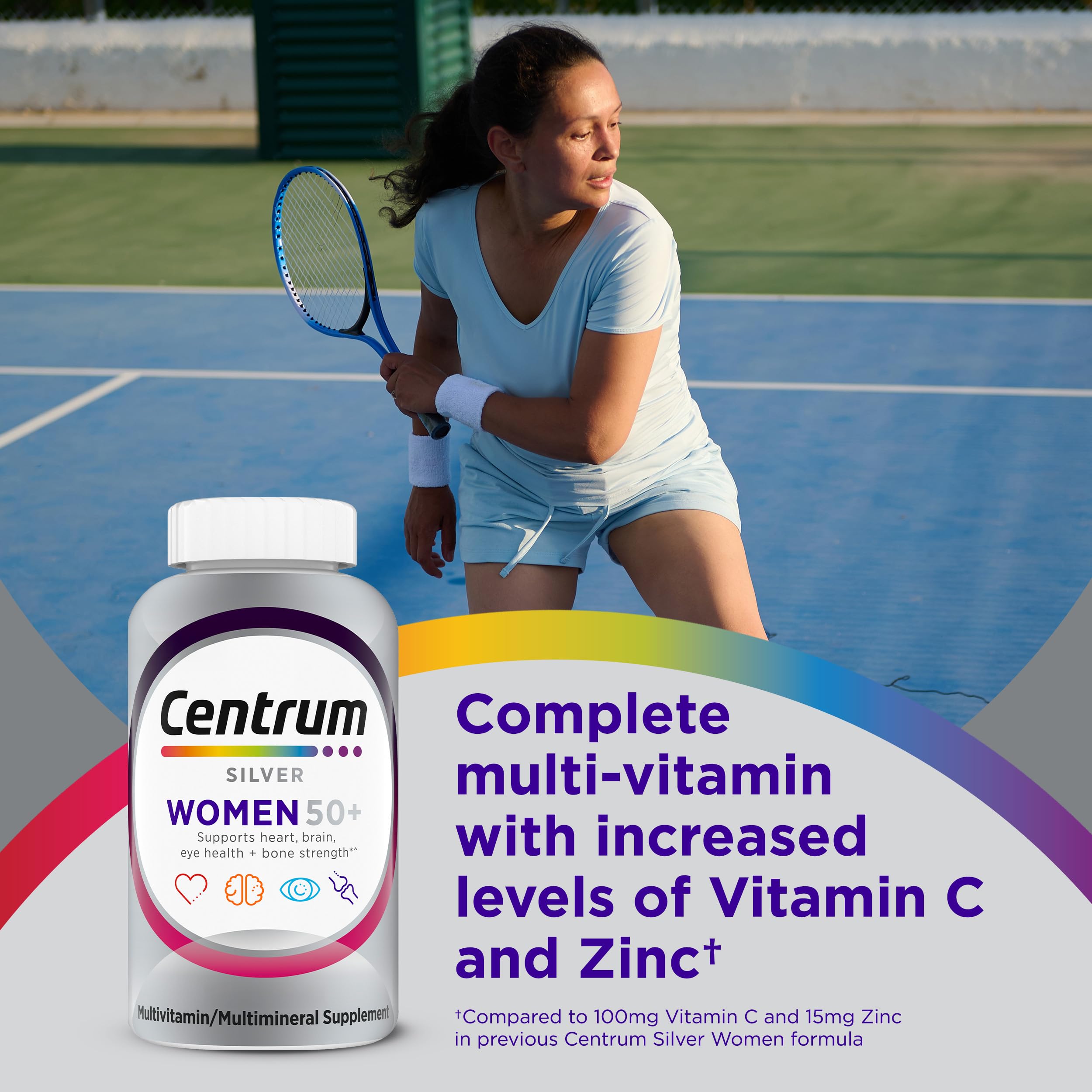 Centrum Silver Women bottle nutrition facts highlighting essential vitamins.