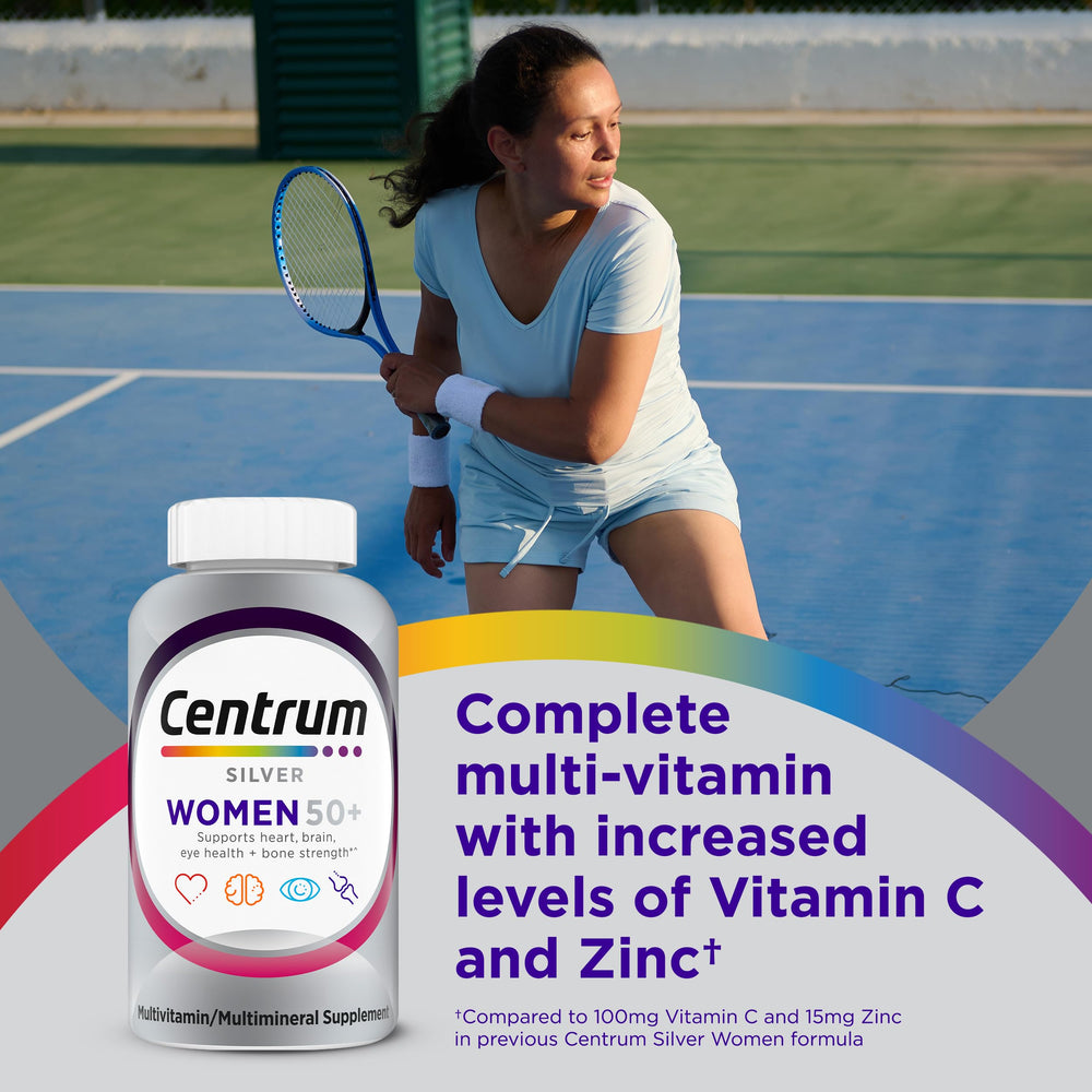 Centrum Silver Women bottle nutrition facts highlighting essential vitamins.