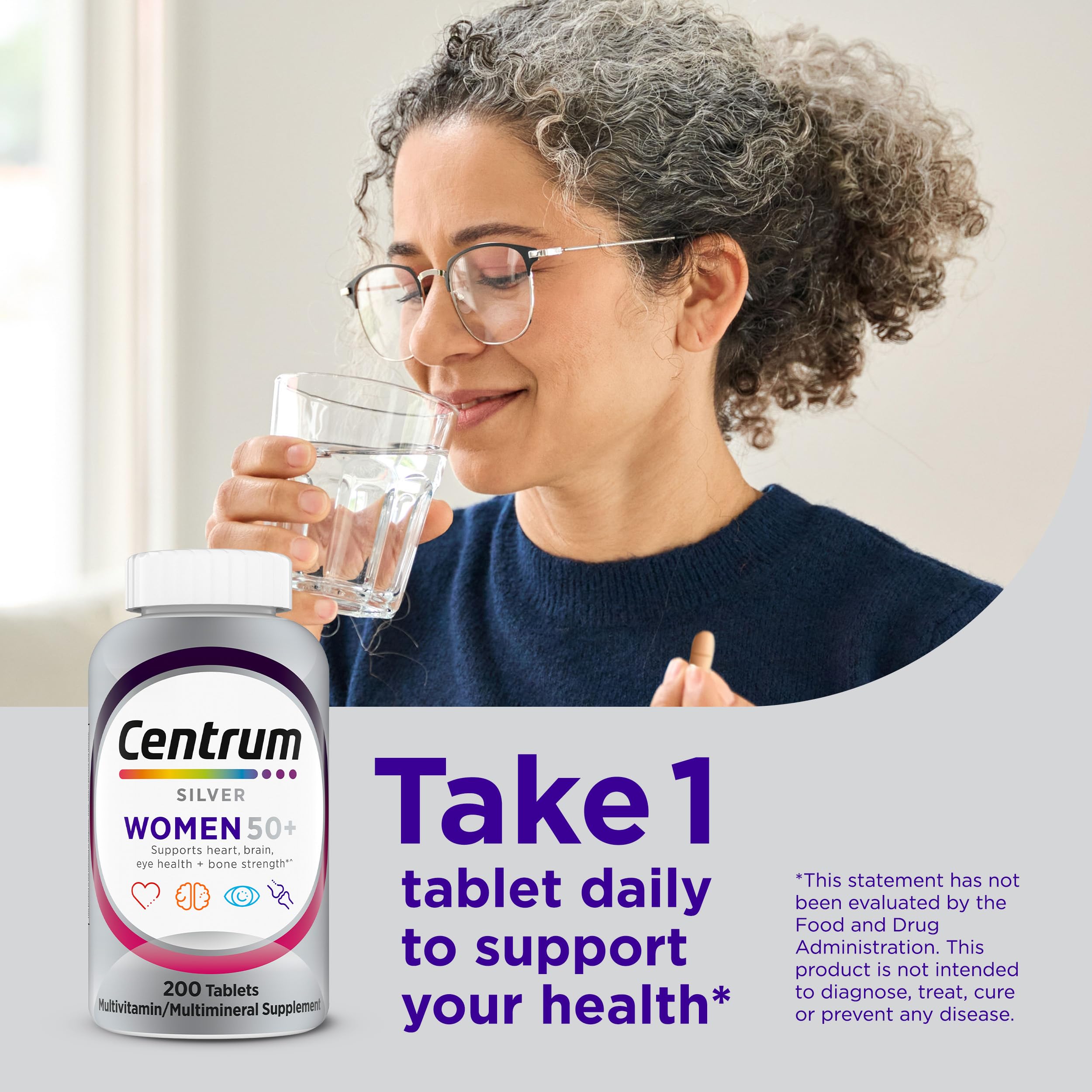 Centrum Silver Women bottle with glass representing everyday wellness.