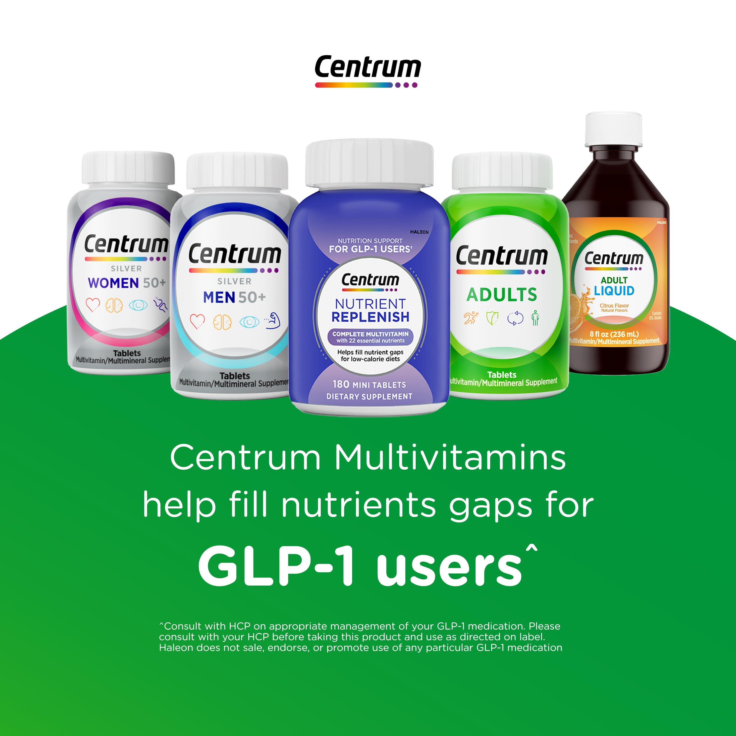 Centrum Women bottle shown with a meal for absorption with food