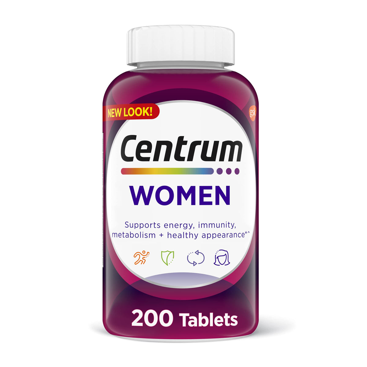 Centrum Women multivitamin bottle front view supports daily energy