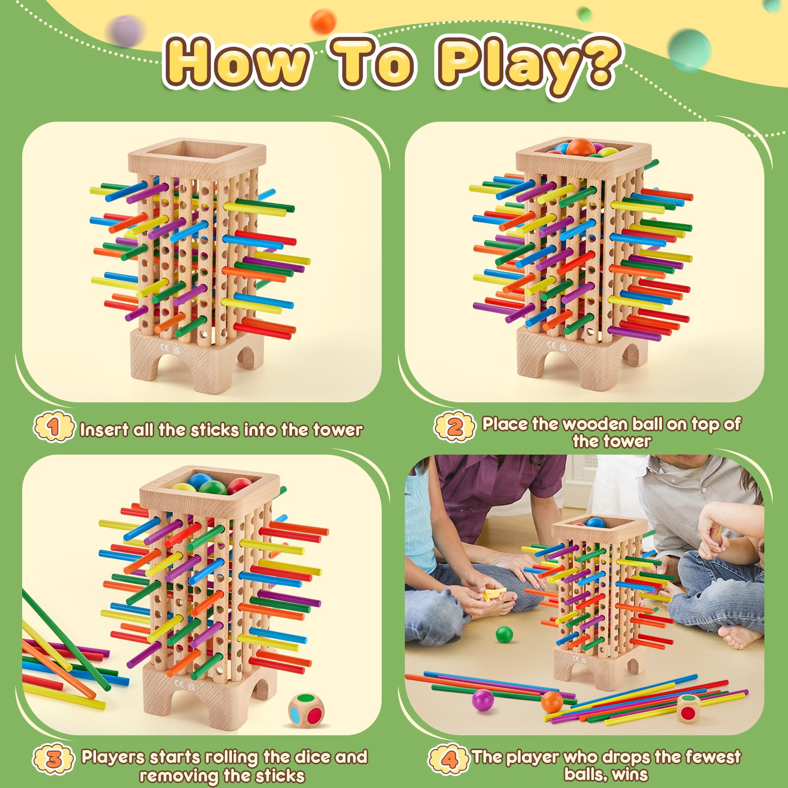 Centtechi wooden dice and balls set for engaging math and turn-taking.