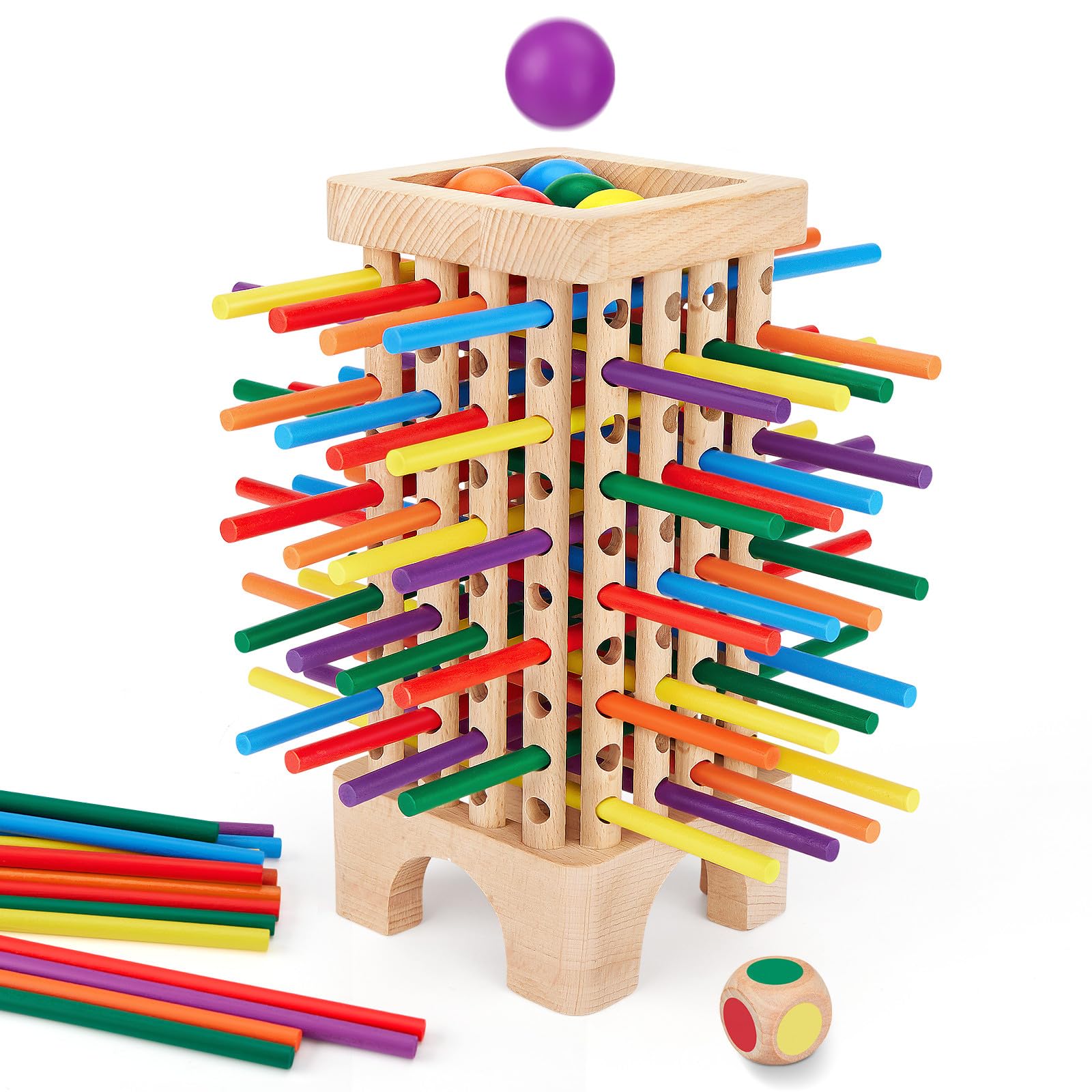 Centtechi Montessori game tower with colorful sticks promotes fine motor skills.