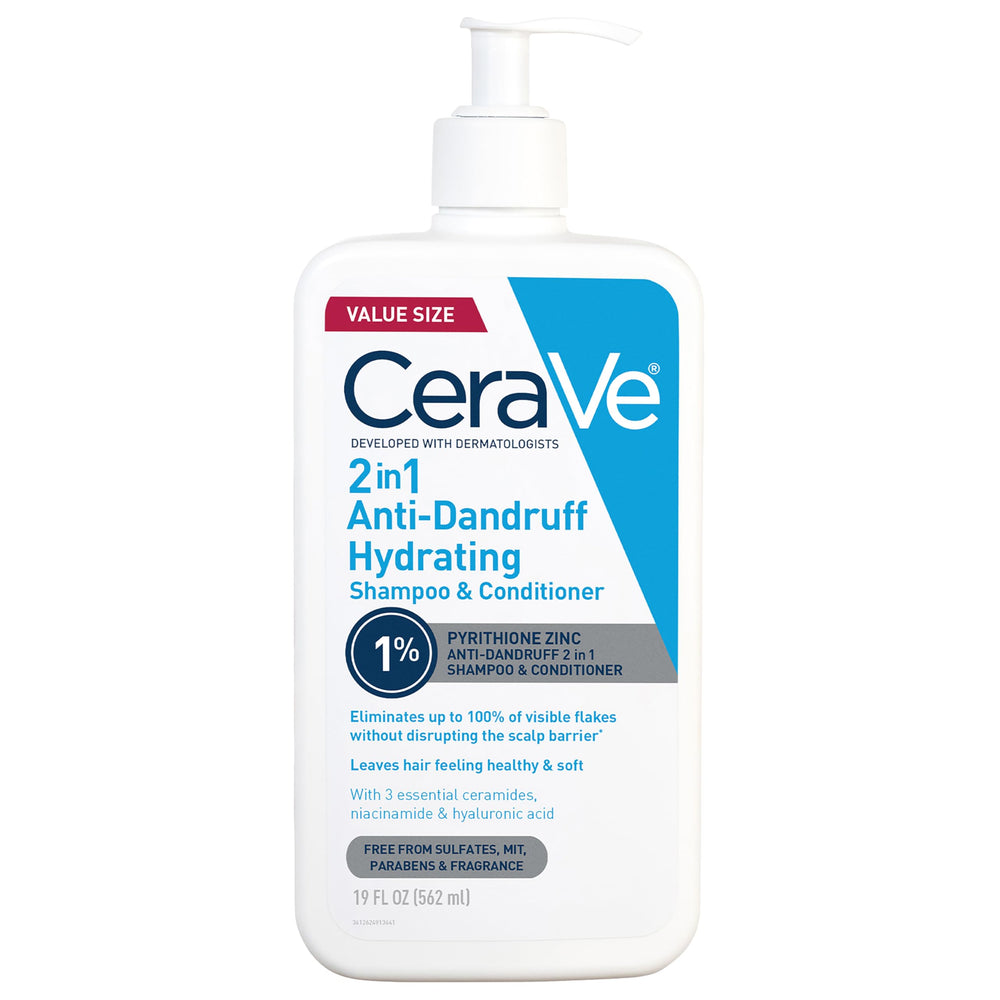 CeraVe 2in1 hydrating anti-dandruff shampoo bottle with color-safe design.