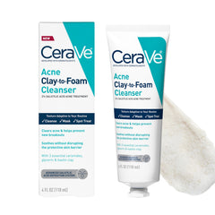 CeraVe Acne Clay-to-Foam Cleanser bottle close-up for fragrance-free daily acne care