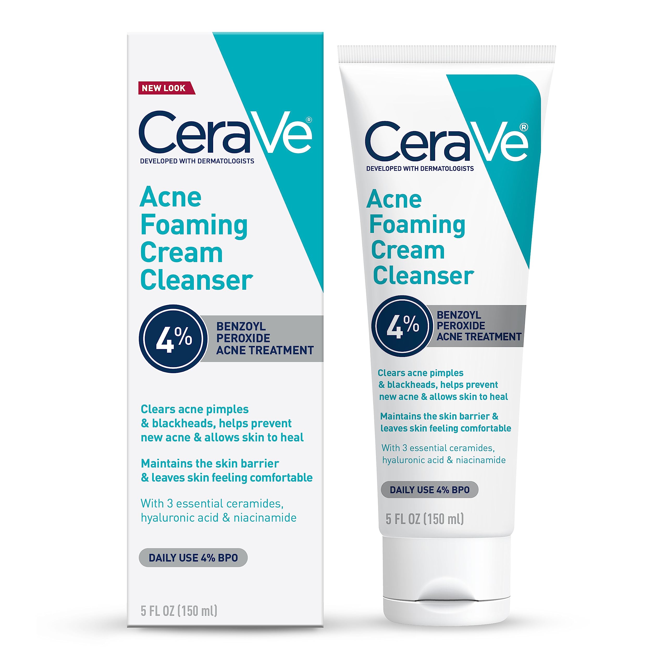 CeraVe Acne Foaming Cream Cleanser bottle demonstrates fragrance-free cleansing for sensitive skin.