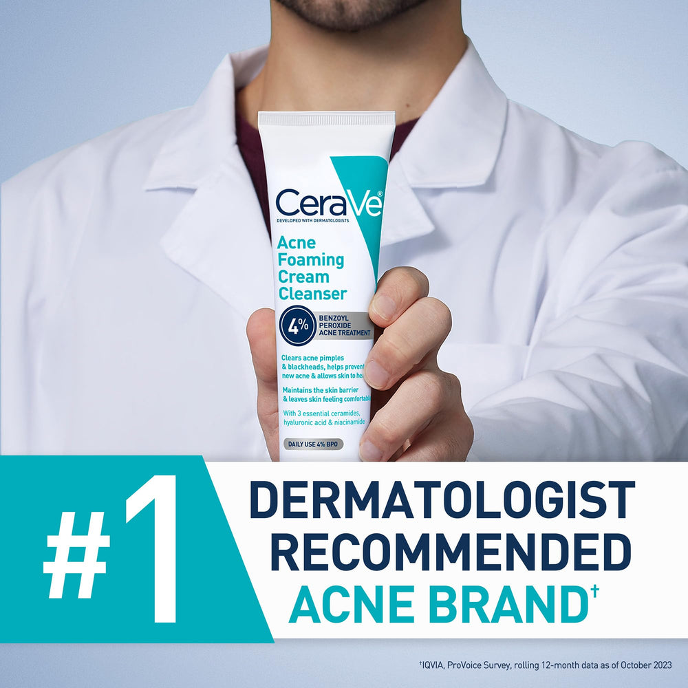 CeraVe Acne Foaming Cream Cleanser highlights hyaluronic acid for surface hydration.