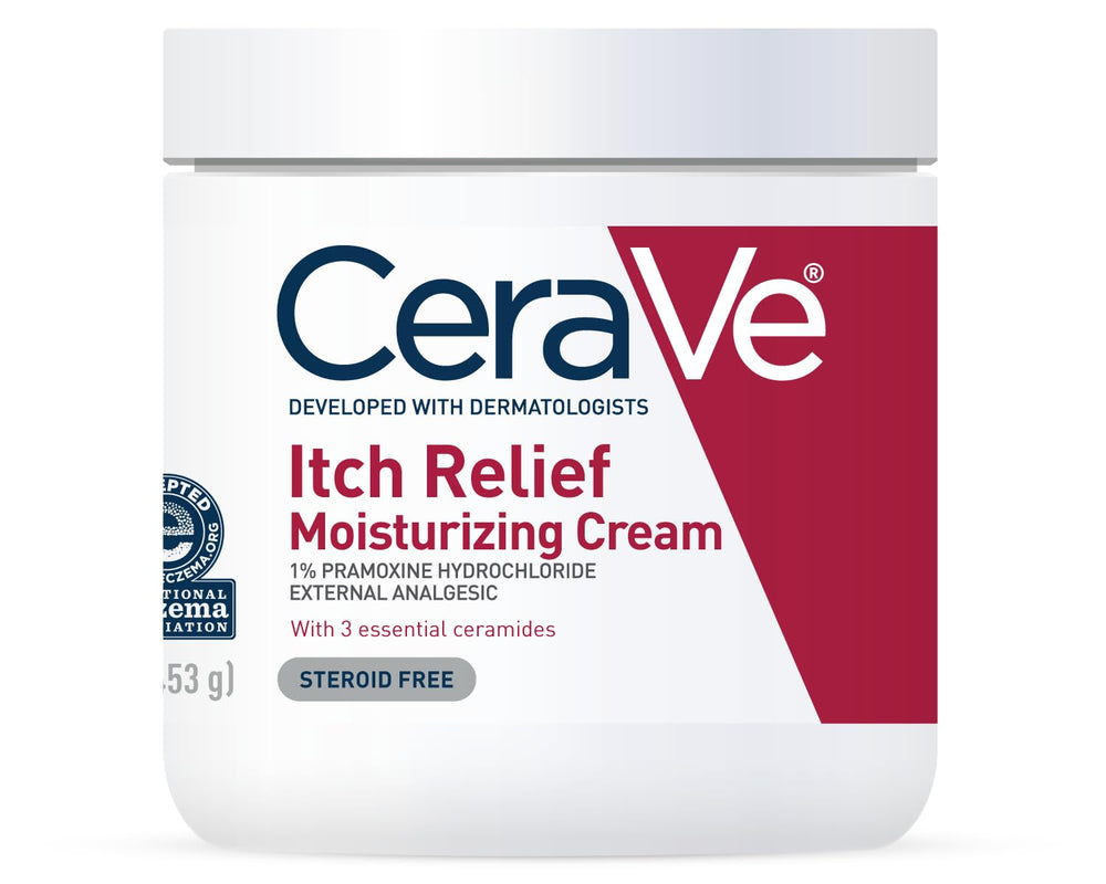 CeraVe Itch Relief Cream bottle showing quick, fragrance-free itch relief